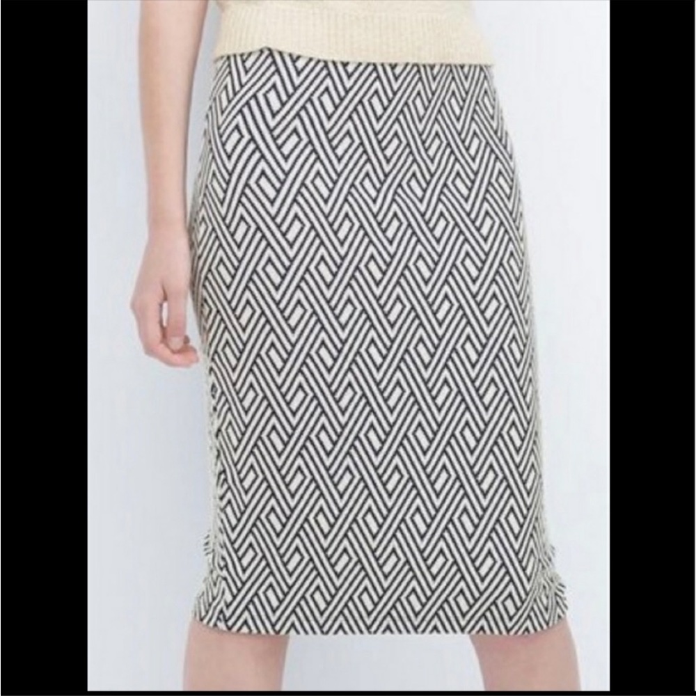 Zara Navy and White Geometric Pencil Skirt, Size Medium